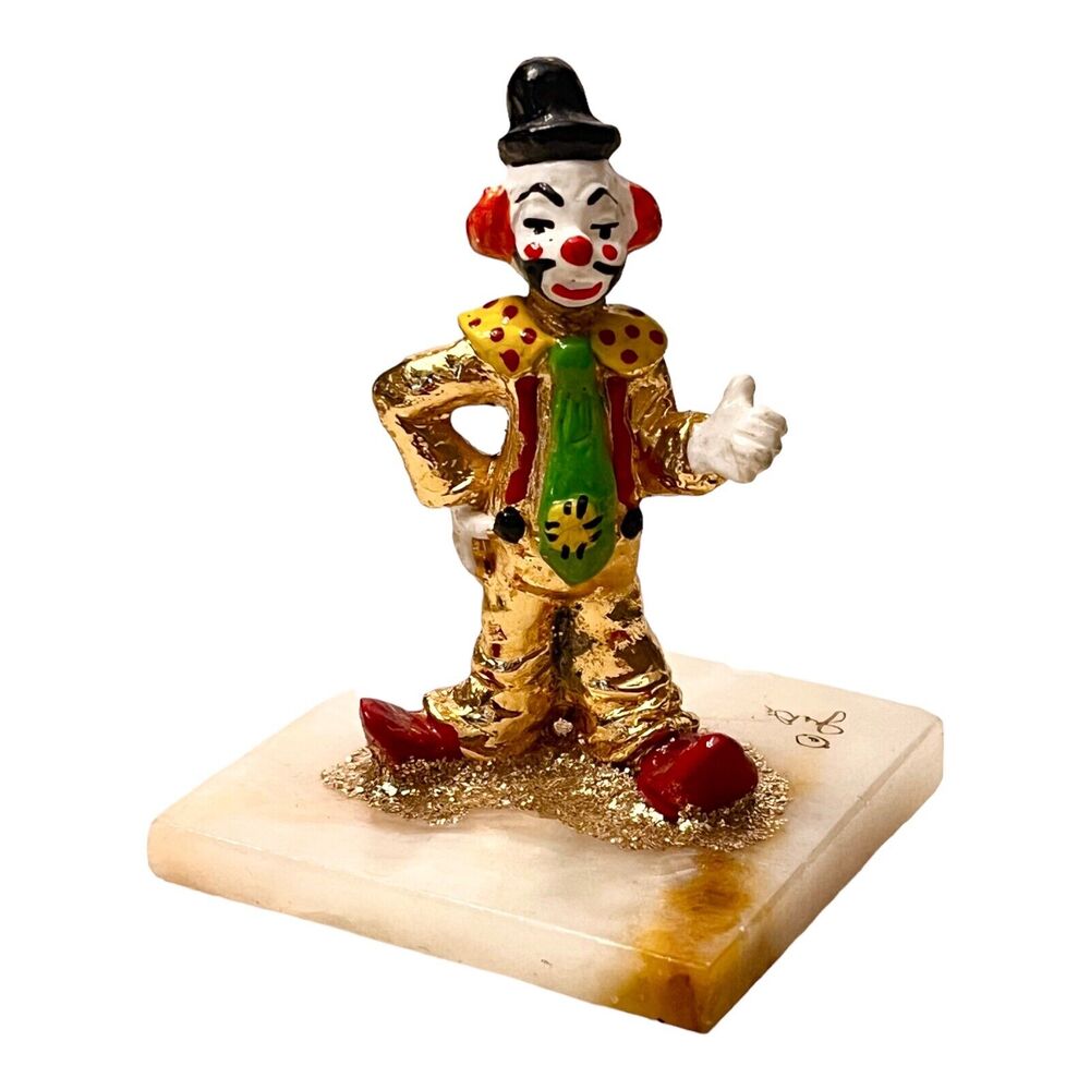 JuDi Originals Circus Clown Figurine 24k Gold Marble Onyx Base 3" Signed Vintage